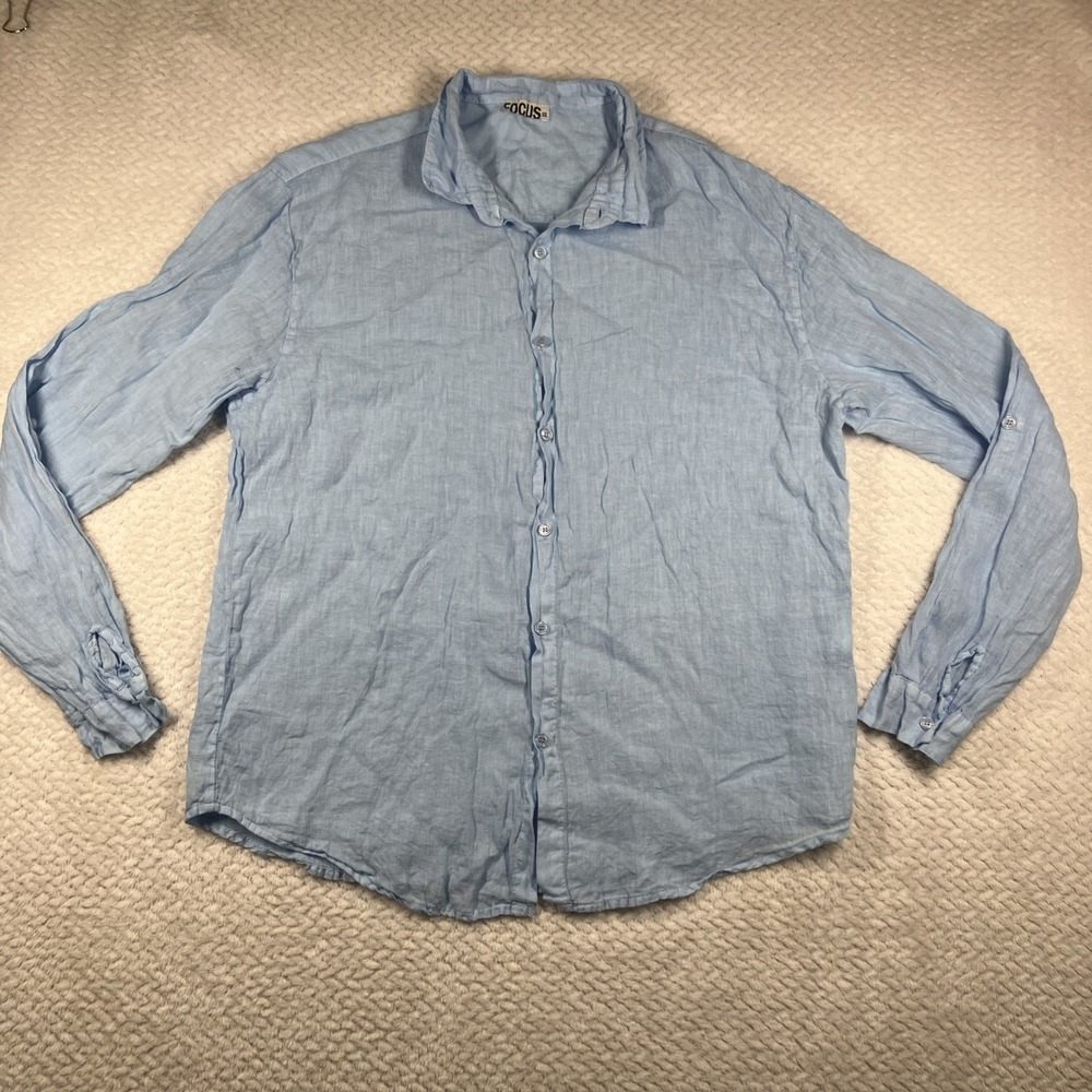 FOCUS Men's XXL 100% Linen Button Down Shirt Blue Italy Breathable